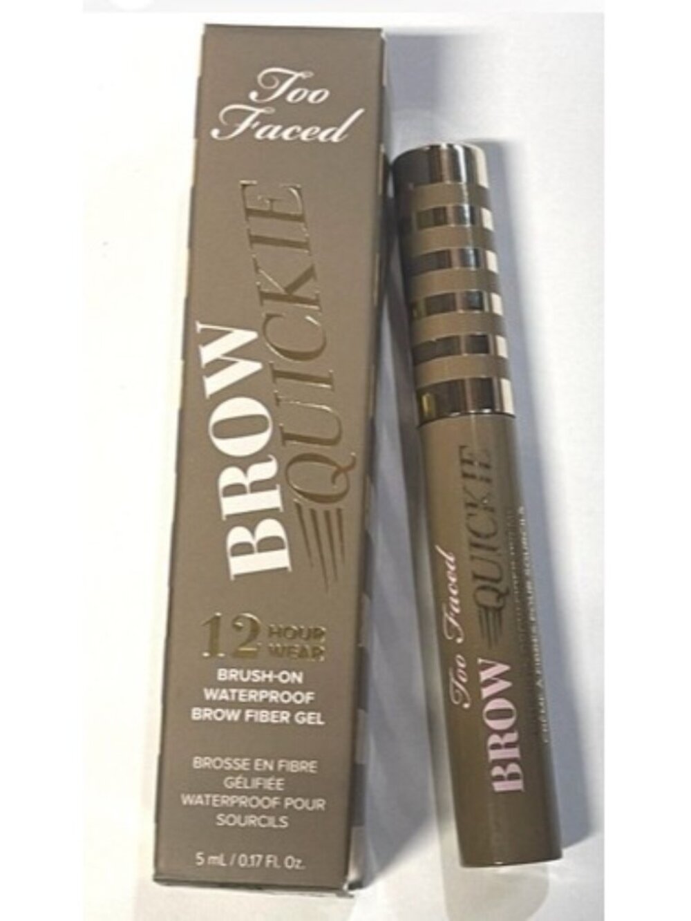 Too Faced Brow Quickie Brush-On Brow Fiber Gel in Universal Taupe=Boxed